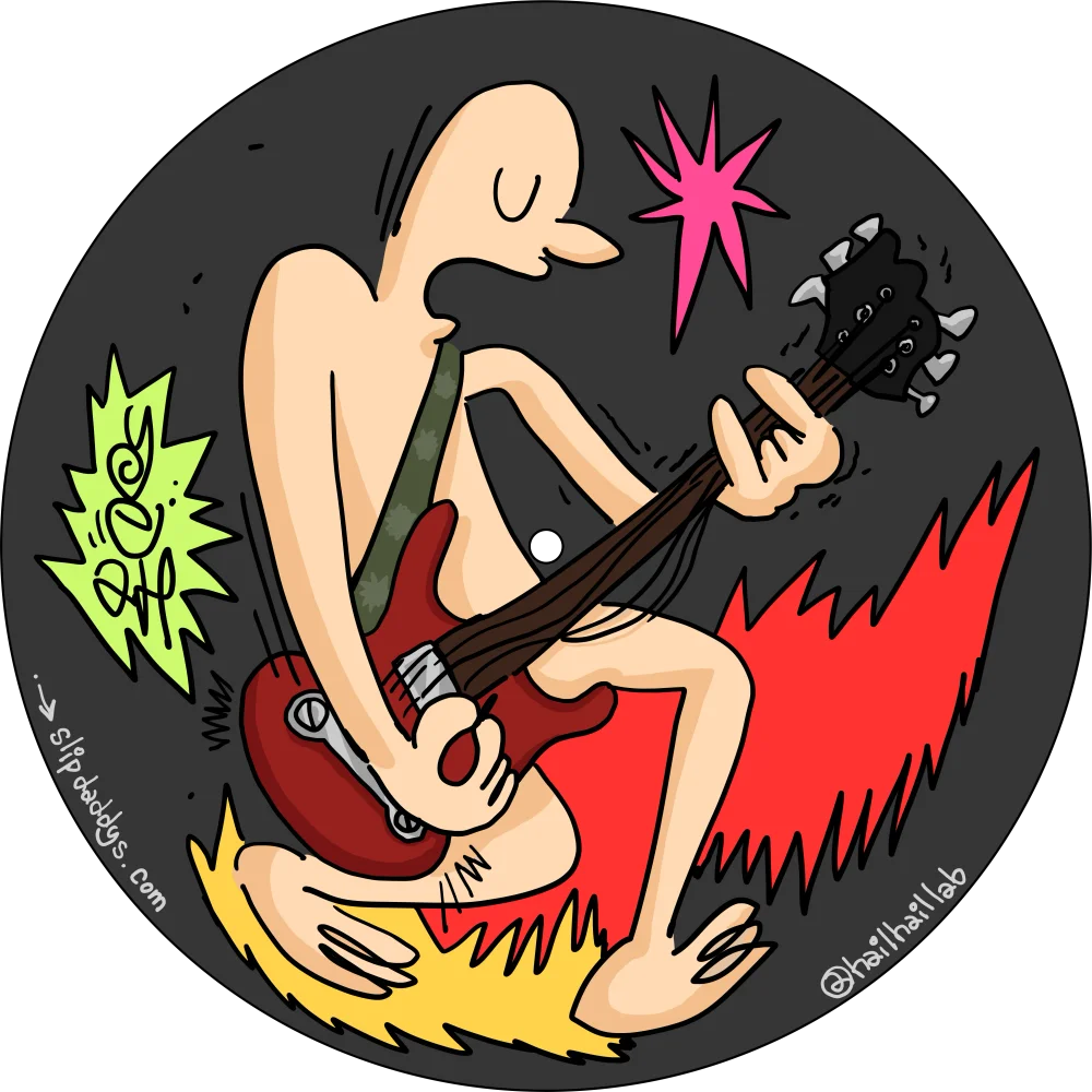 The Rockstar slipmat, charcoal colourway: @hailhaillab's character rocking a red guitar, eyes shut, on a charcoal mat