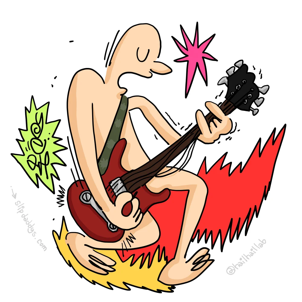 The Rockstar slipmat, white colourway: @hailhaillab's character rocking a red guitar, eyes shut, on a white mat